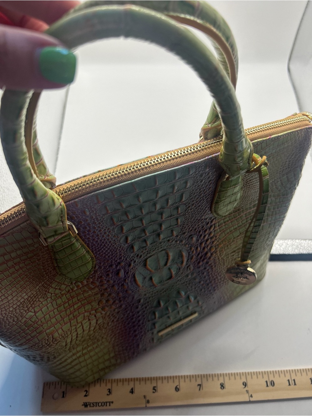 Brahmin Iridescent Green-Purple Croc Embossed Duxbury Satchel - Picture 2 of 14